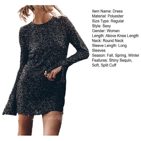 Women Dress Shiny Sequin Hollow Out Back Long Sleeve Loose Soft Round Neck Split Cuff Sheath Individual Streetwear Club Party Dance Mini Dress