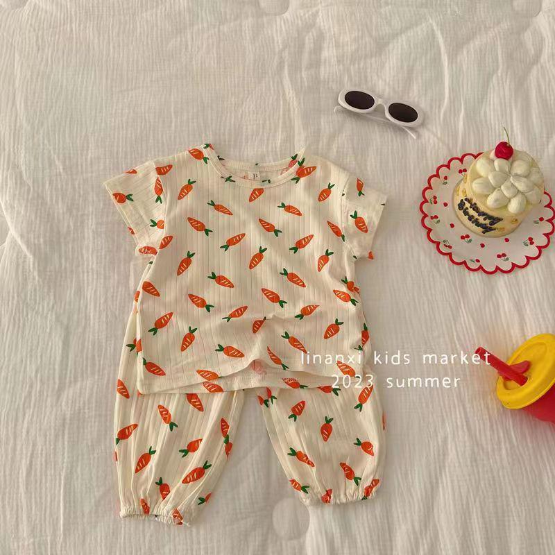 

Летний пижамный комплект для девочек с коротким рукавом 2023 - Корейский стиль, Мягкий, Дышащий костюм-двойка. 80cm