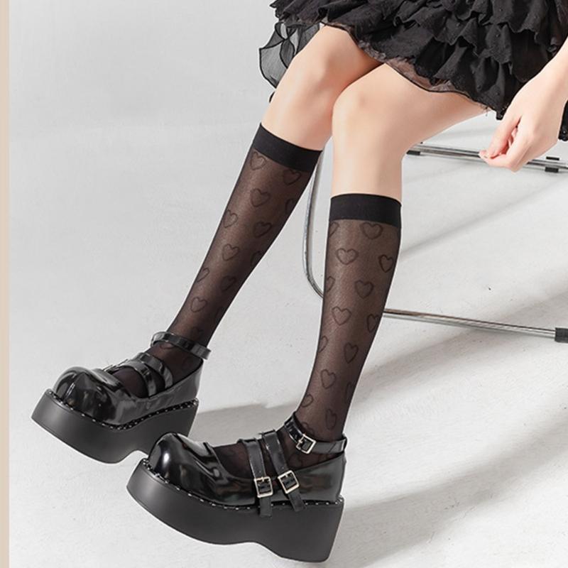 Women Japanese Style Summer Cute Heart Pattern Thin Silk Over Calf Long Socks