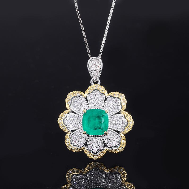 Jewelry Copper Bottom Gold-Plated Emerald Flower Shape Creative Full Diamond Women'S Pendant Ring Set 10 * 10