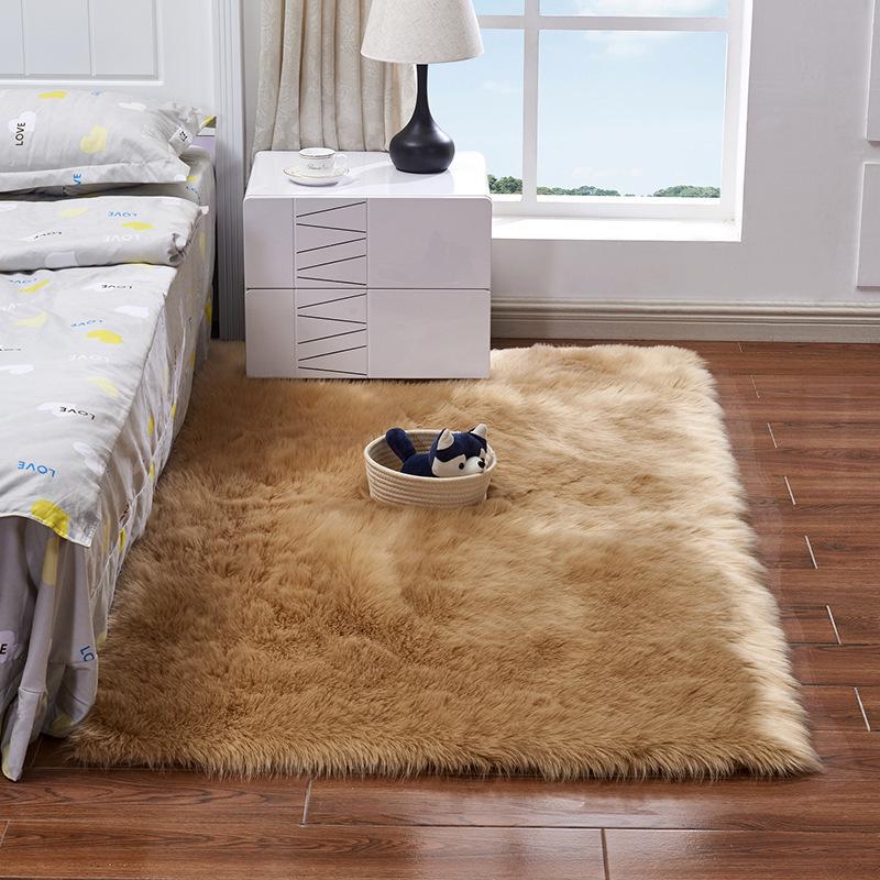 Modern Faux Fur Long Pile Carpet for Bedroom & Living Room - Machine Washable Solid Color Floor Mat