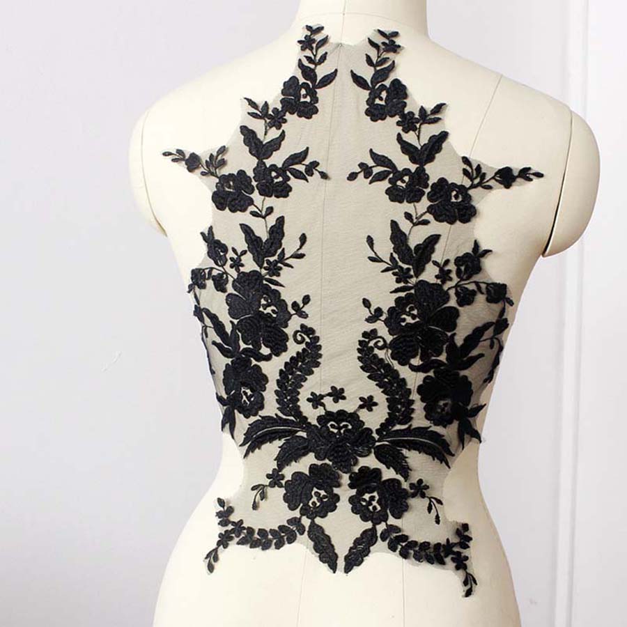 1Pcs White Black Lace Applique Handmade Beads Wedding Dress Decoration DIY Collar Lace Patch