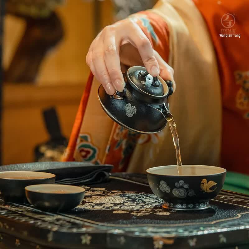 Wanqiantang Edenus Lacquer Red Glaze Travel Tea Set (1 Pot, 3 Cups)