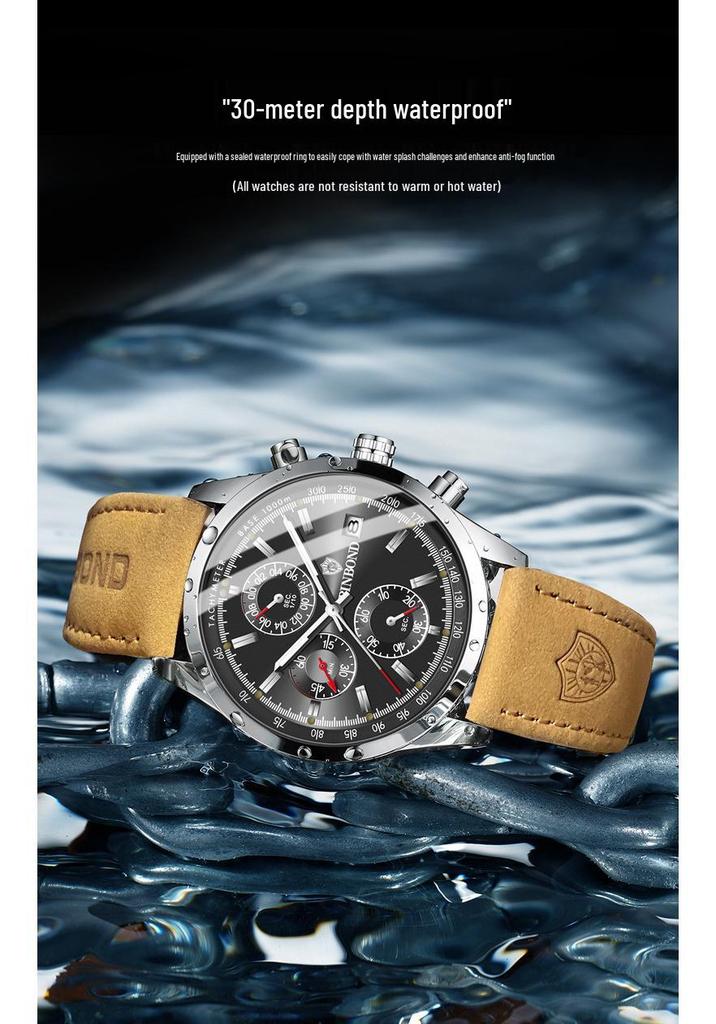 BINBOND Men's Waterproof Outdoor Sport Quartz Watch with Leather Strap