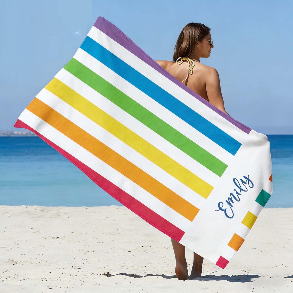 Personalized Striped Beach Towel Custom Name/Logo Oversized Microfiber Towel Summer Party Gift for Beach Swimming Bath Sports