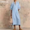 JPNTKY Fashion Summer Spring Solid Color Print 1/2 Sleeves V-Neck Casual Dresses