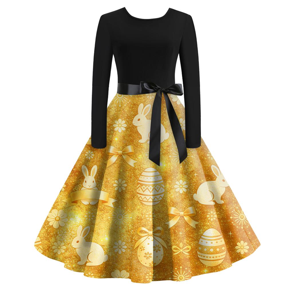 Women's Casual Fashion R-neck Long Sleeved Retro Christmas Print Retro Dress