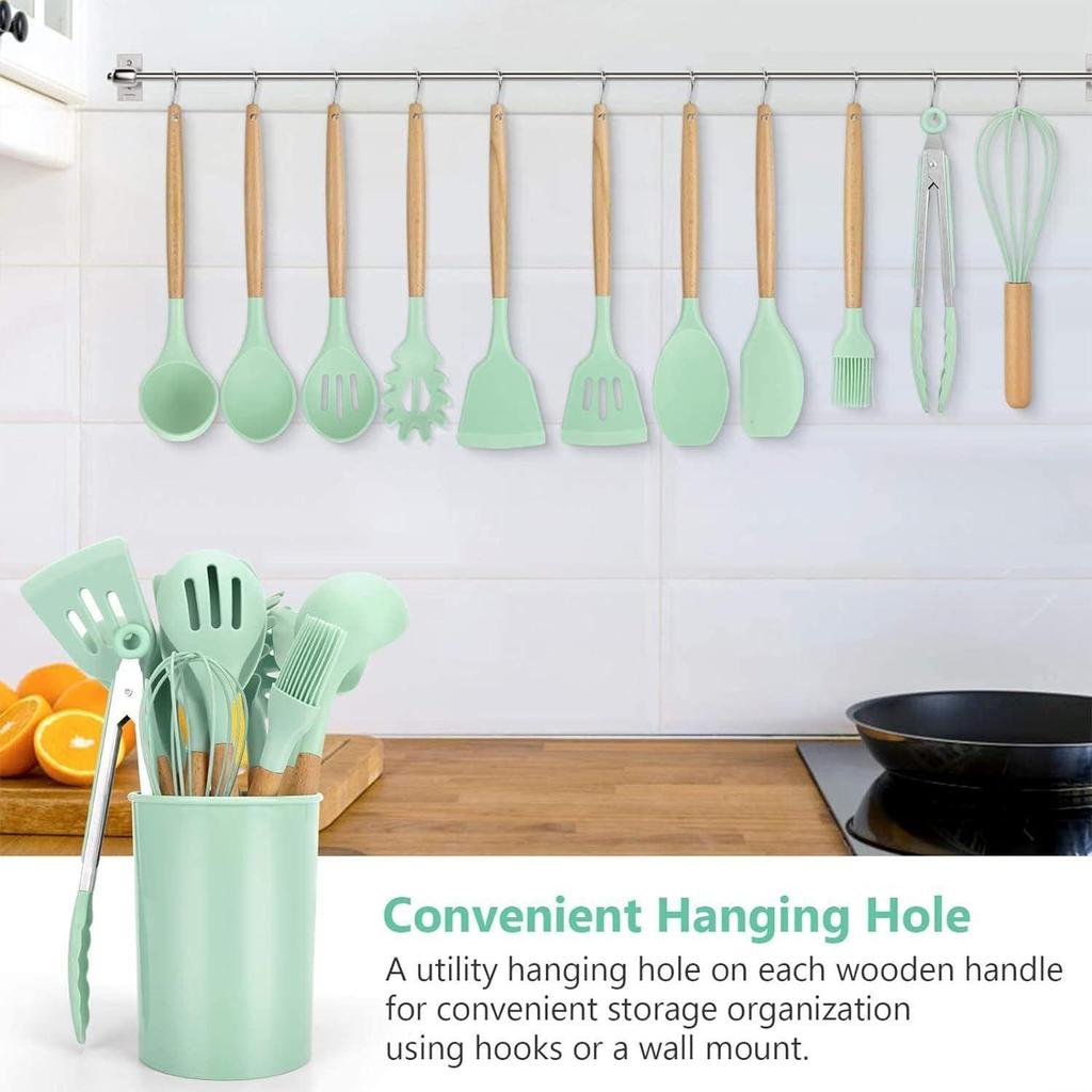 Cooking Utensils Kitchen Utensil Set, 12 PCS Wooden Handle Nontoxic BPA Free Silicone Spoon Spatula Turner Tongs Kitchen Gadgets Utensil Set