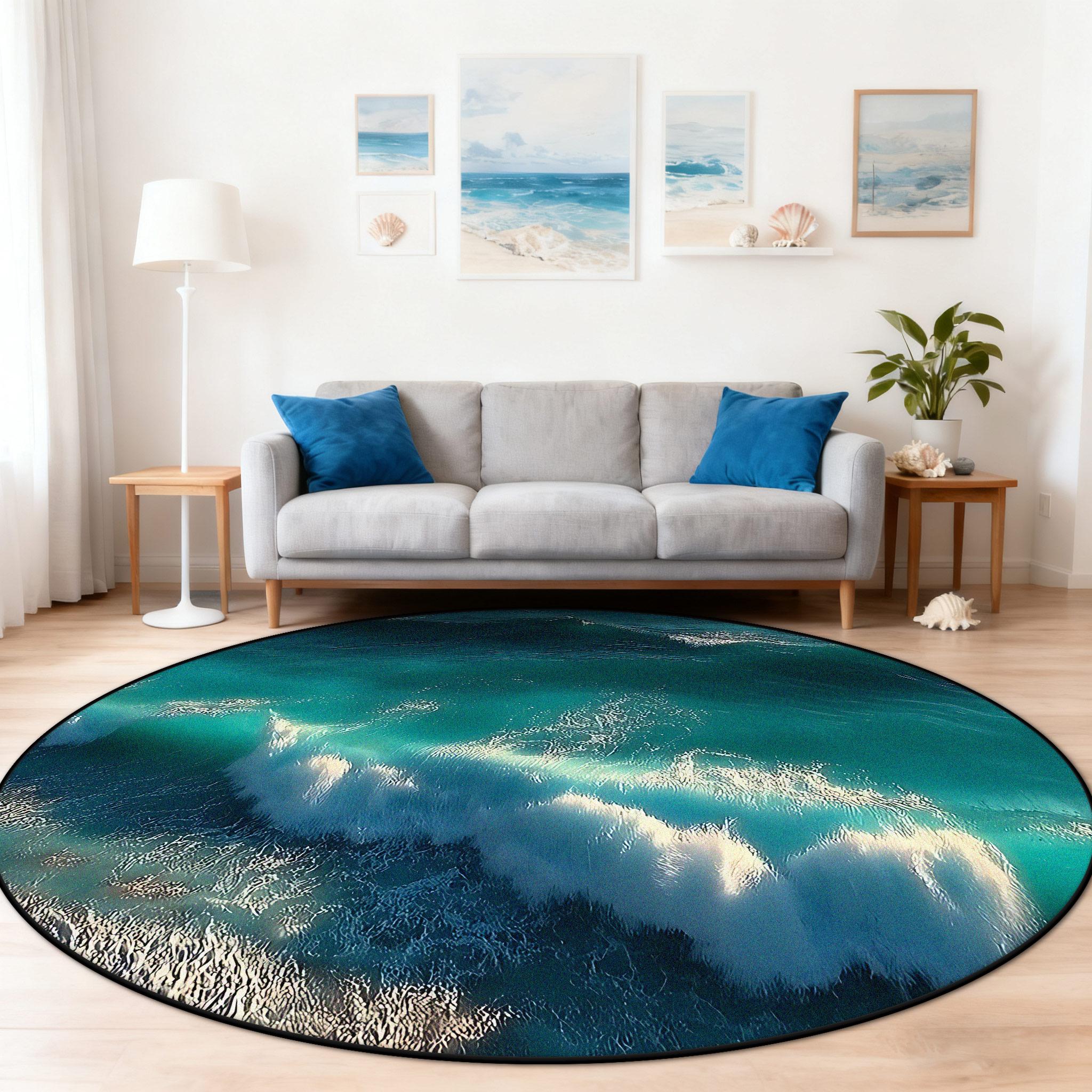 Rond KARPET VOOR WOONKAMER Zee strand Huisdecoratie Slaapkamer Nachtkastje Kleedkamer Studeerkamer Wasbare Stoelmat Antislip Zacht 1.9ft(60x60cm)