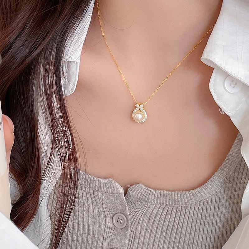 Banyan Tree S925 Silver Princess Bow Necklace with Chalcedony, Pearl & Diamond Accents