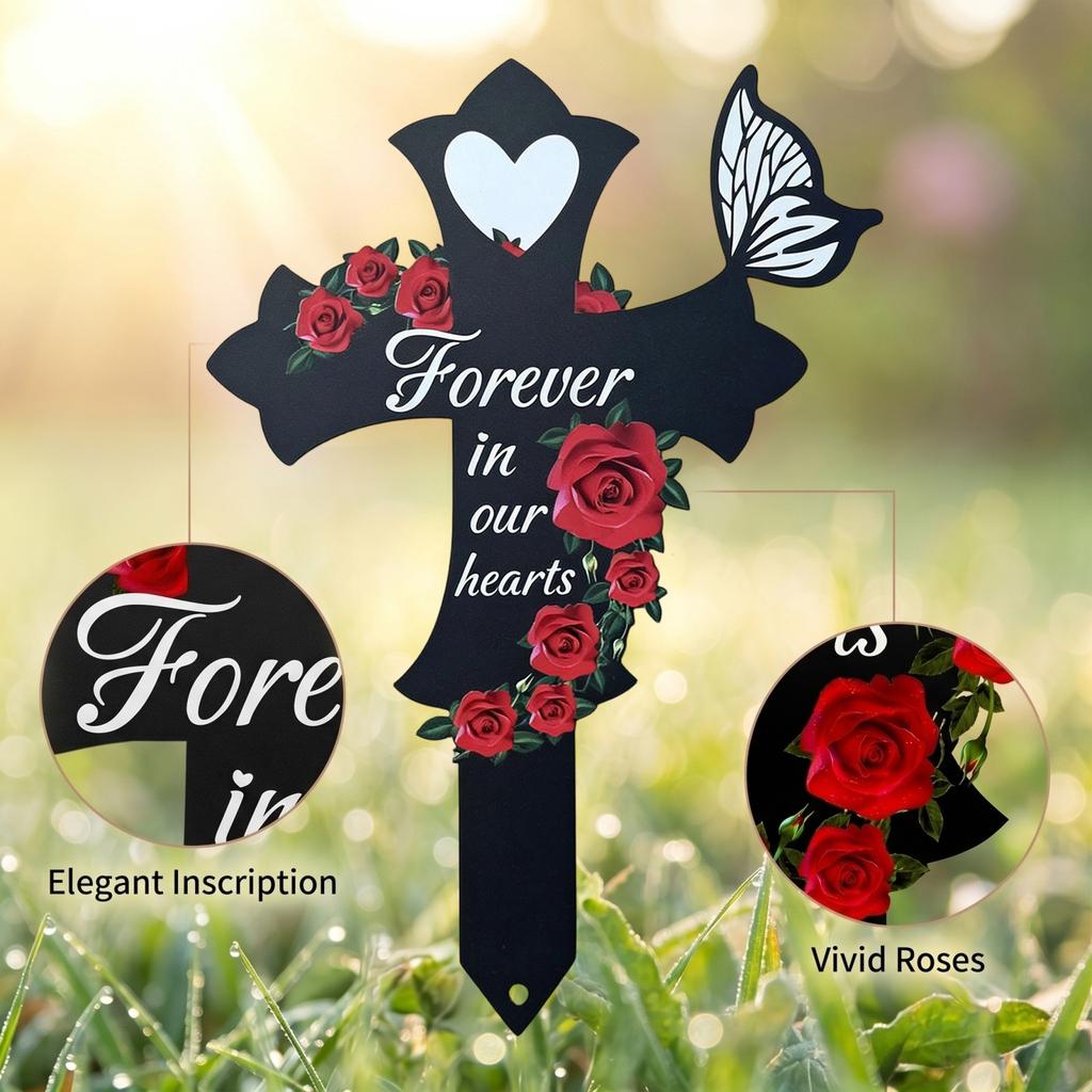 Cross-Shaped Memorial Garden Stake With Roses & Butterfly, Sympathy Cemetery, Yard For Remembrance