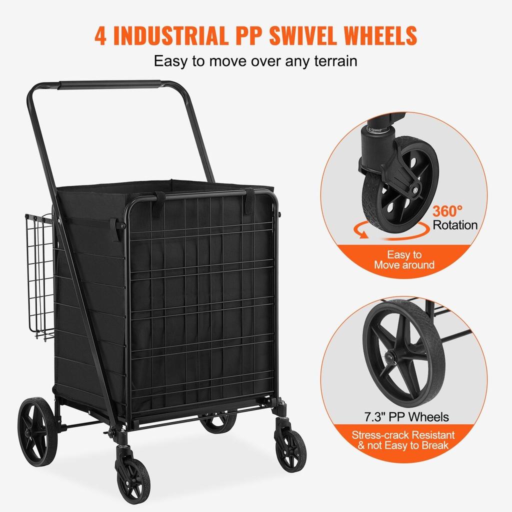 Folding Shopping Cart with Removable Waterproof Liner, 330LBS Large Capacity Jumbo Grocery Cart with Dual Basket, 360° Swivel Wheels, Dense Metal Mesh