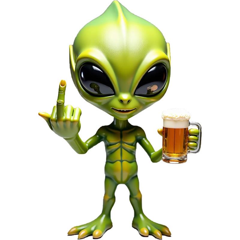 Funny Alien Statue Sculpture - Resin Beer Drinking Alien Resin Vivid Expression Waterproof For Garden Middle Finger  Alien