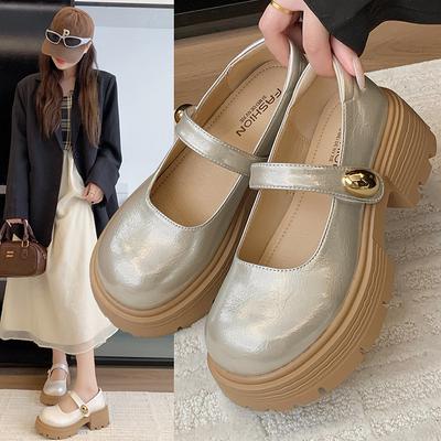 New Fashionable Versatile Flat Mary Jane Shoes Women's Shoes Shallow Single Shoes Round Head Rubber Middle Heel One-word Women's Shoes