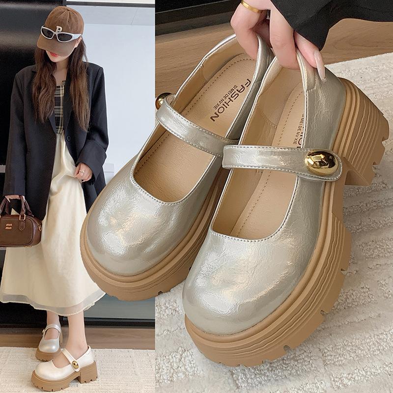 New fashionable versatile flat Mary Jane shoes women's shoes shallow single shoes round head rubber middle heel one-word women's shoes