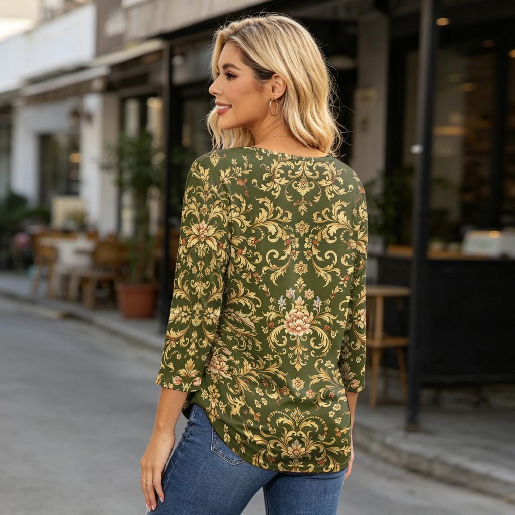Women's Casual Three Quarter Sleeve Floral Print Crew Neck Top Relaxed Fit Lightweight Comfortable Blouse for Everyday Wear