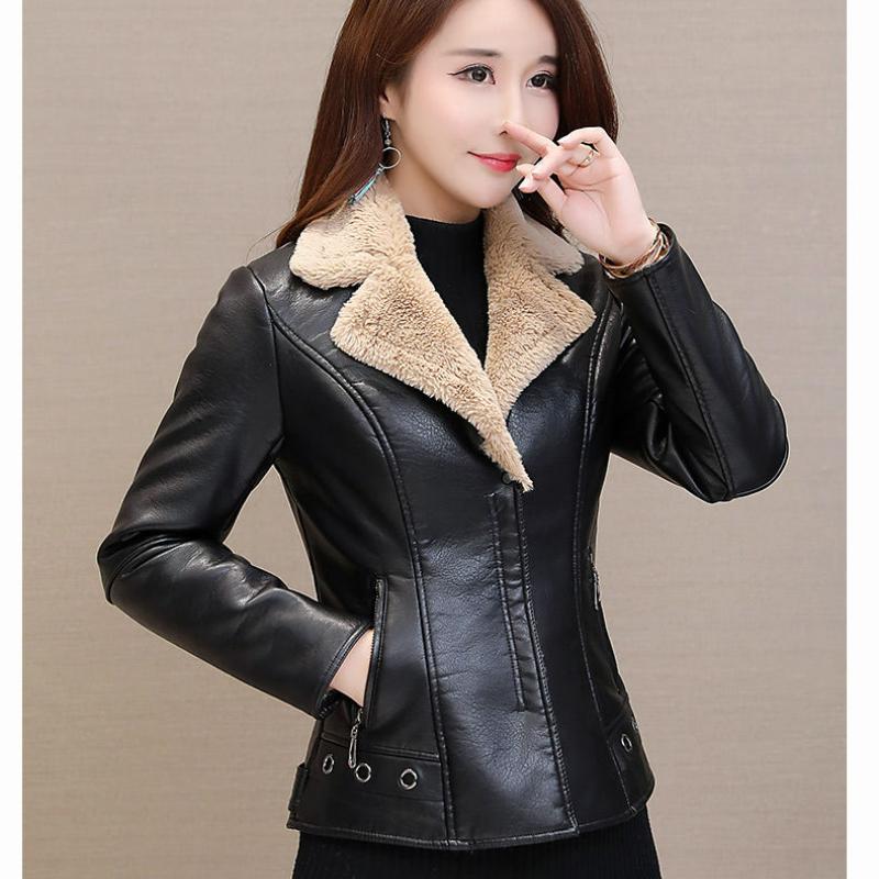 Ledermantel Dicke Winter warme Jacke Fleece Liner Damen PU Ledermantel Mantel Pelzkragen