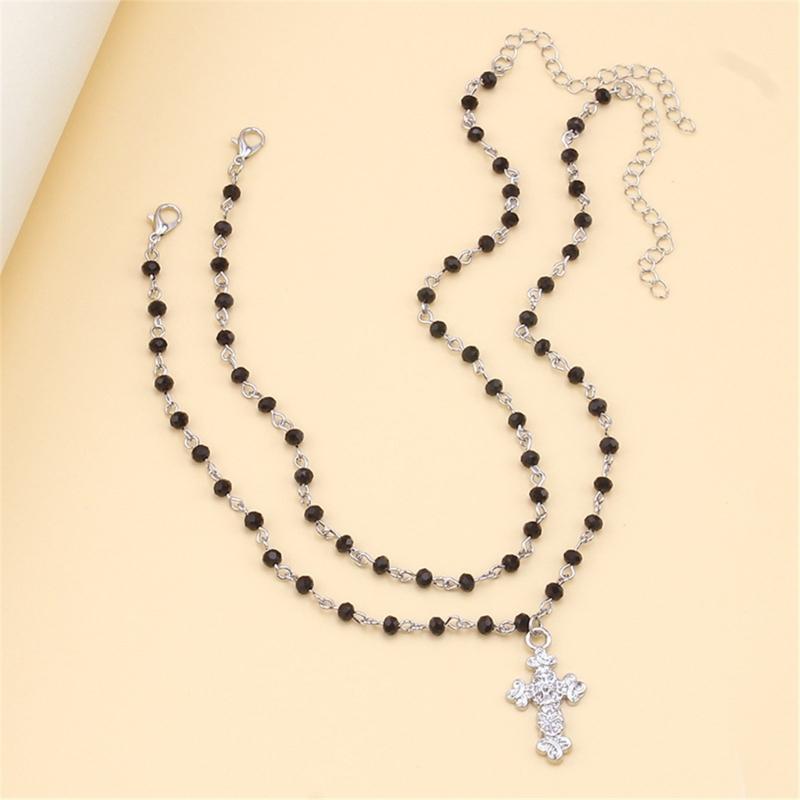 Fashionable Beaded Necklace Moon/Crucifix Pendant Collarbone Chain Elegant Double Layer Neckchain Choker Acccessory