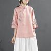 Camicia in cotone e lino retrò in stile cinese da donna, primavera ed estate, stile cinese, collo alto, bottoni, abito da tè ricamato con risvolto obliquo