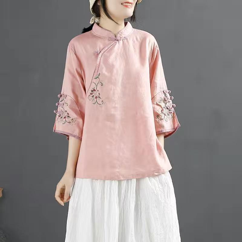 Camicia in cotone e lino retrò in stile cinese da donna, primavera ed estate, stile cinese, collo alto, bottoni, abito da tè ricamato con risvolto obliquo