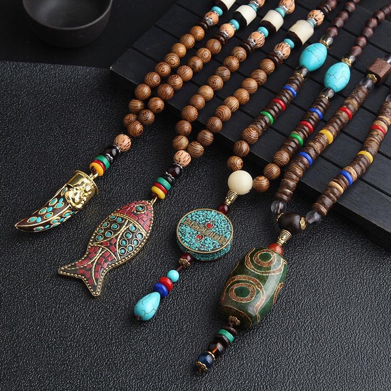 Wooden Necklace Nepal Buddhist Mala Amulet Beads Handmade