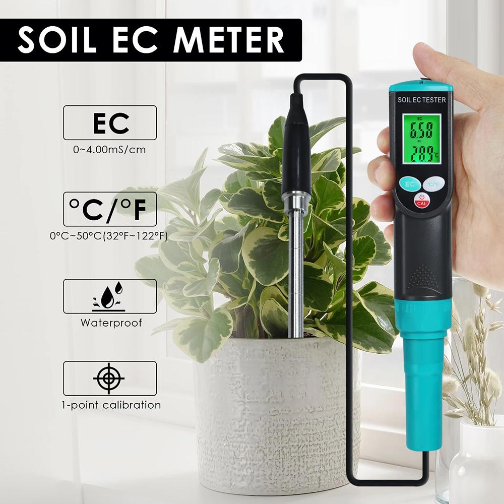 2 In 1 Digital EC/Temp Soil Tester 0.00~4.00mS/cm Conductivity Meter High Accuracy Sensor with ATC for  Planting Gardening