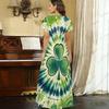Women Plus Size V Neck Short Sleeve Clover Printed Dark Green Long Straight Dress