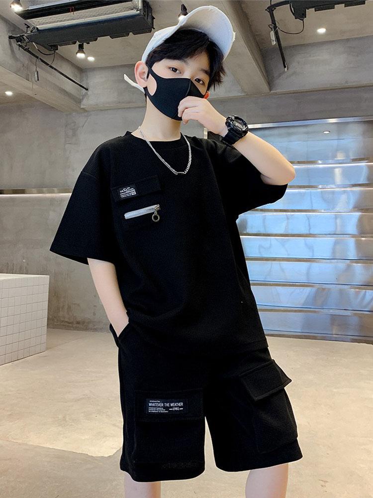 T-Shirt+Shorts 2-Piece Set Summer Kids Boys Letter Printing Children Teen Loose Comfortable Sports Casual Clothes
