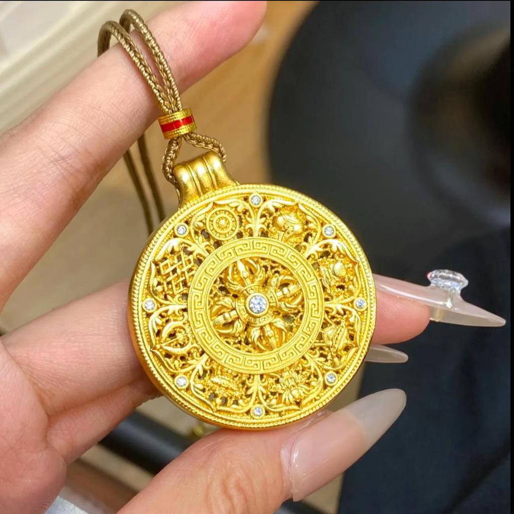 Gold Sand Eight Treasures Compass Pendant Necklace with Gourd Charm for Women