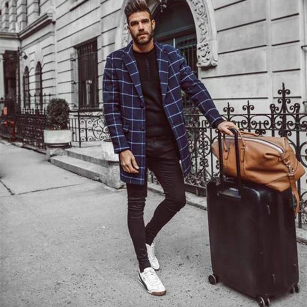 Winter Fashion Men's Solid Color Slim Long Single-breasted Woolen Trench Coat
