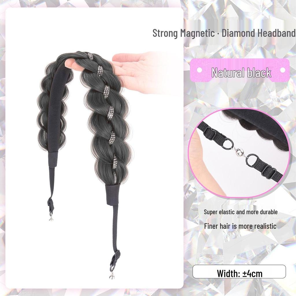 Rhinestone Fishtail Braid Headband Wig for Women's Realistic Hair Volume Increase