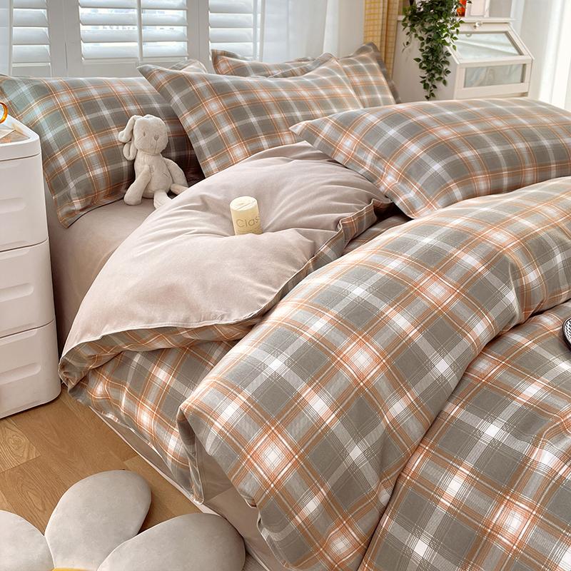 Soft Color Block Checkered Bedding Set Comfy 100% Washed Cotton Blue Plaid Duvet Cover Set King Queen Size Comforter Cover Sheet