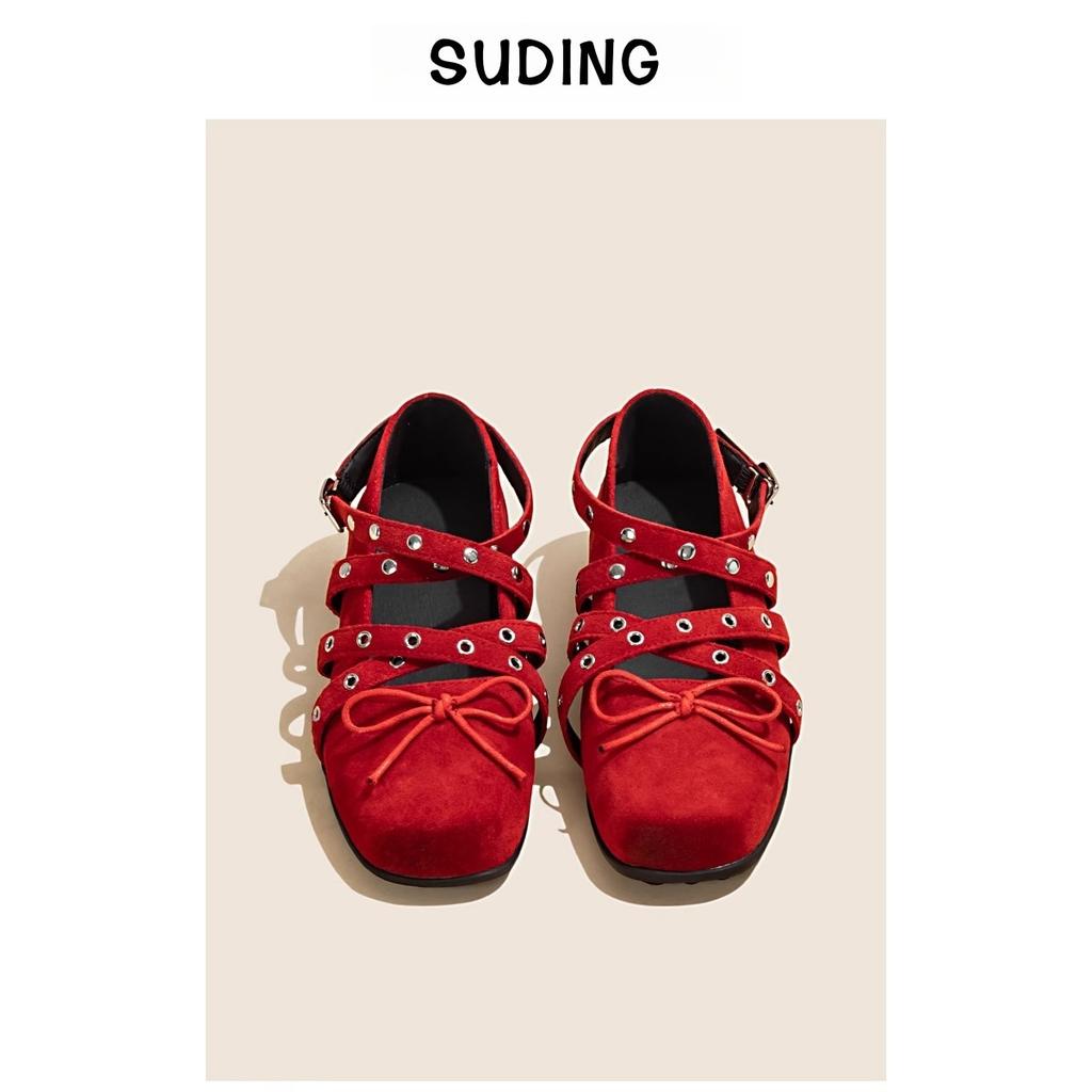 The owner's own version~ Red cross-strap bow small single shoes women's new shallow rivet flat-soled ballet shoes