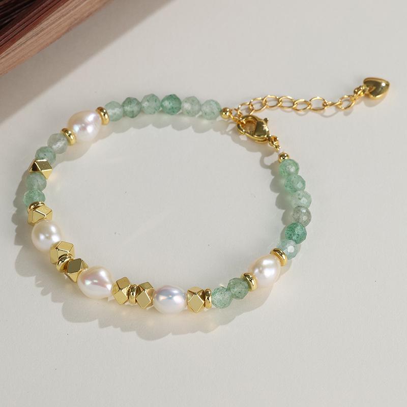Green Strawberry Crystal & Pearl Stackable Bracelet - Chinese Style Versatile Hand Jewelry