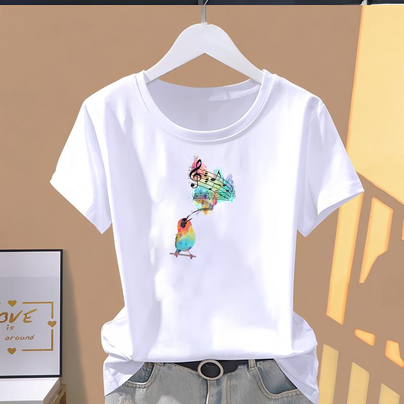 Women's summer T-shirt, cute and fashionable printed pattern, short-sleeve trendy top.