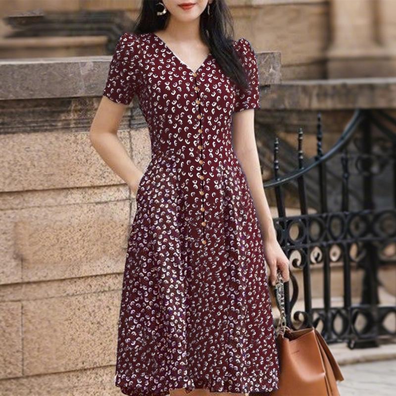 

ZANZEA Женское повседневное летнее платье с V-образным вырезом и коротким рукавом с принтом 3XL вино красного