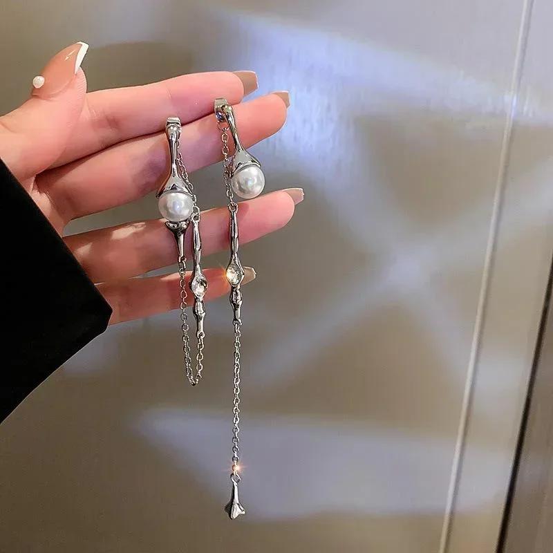 Summer Creative Fashion Ladies Asymmetric Pearl Long Tassel Earrings Korean Style A Two-wear Drop Chain Earring Accessories