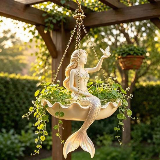 Housewarming Gift for Gardeners Fairy Ballet Dancer Mermaid Hanging Planter, Resin Decorative Flower Pot with Metal Chain, Balcony Outdoor Indoor