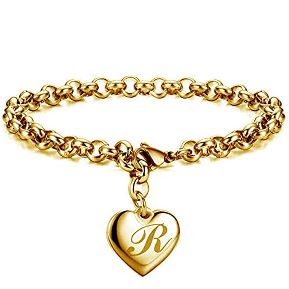 1 StückNeuer Goldfarbener Initialbuchstabe Herzanhänger Armbänder Für Frauen Edelstahl Gliederkettenarmband Mit 26 Buchstaben Graviert