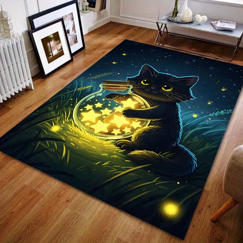 1PC Black cat holding star jar Carpet for Living Room Bedroom Sofa Home Decor Rus Non-slip Floor Mat Luxury Gift
