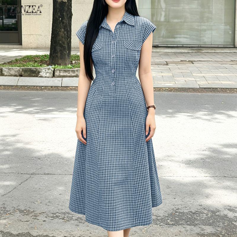 ZANZEA Damen Lässiges Kleid mit Umlegekragen, Karomuster, locker, kurzärmelig