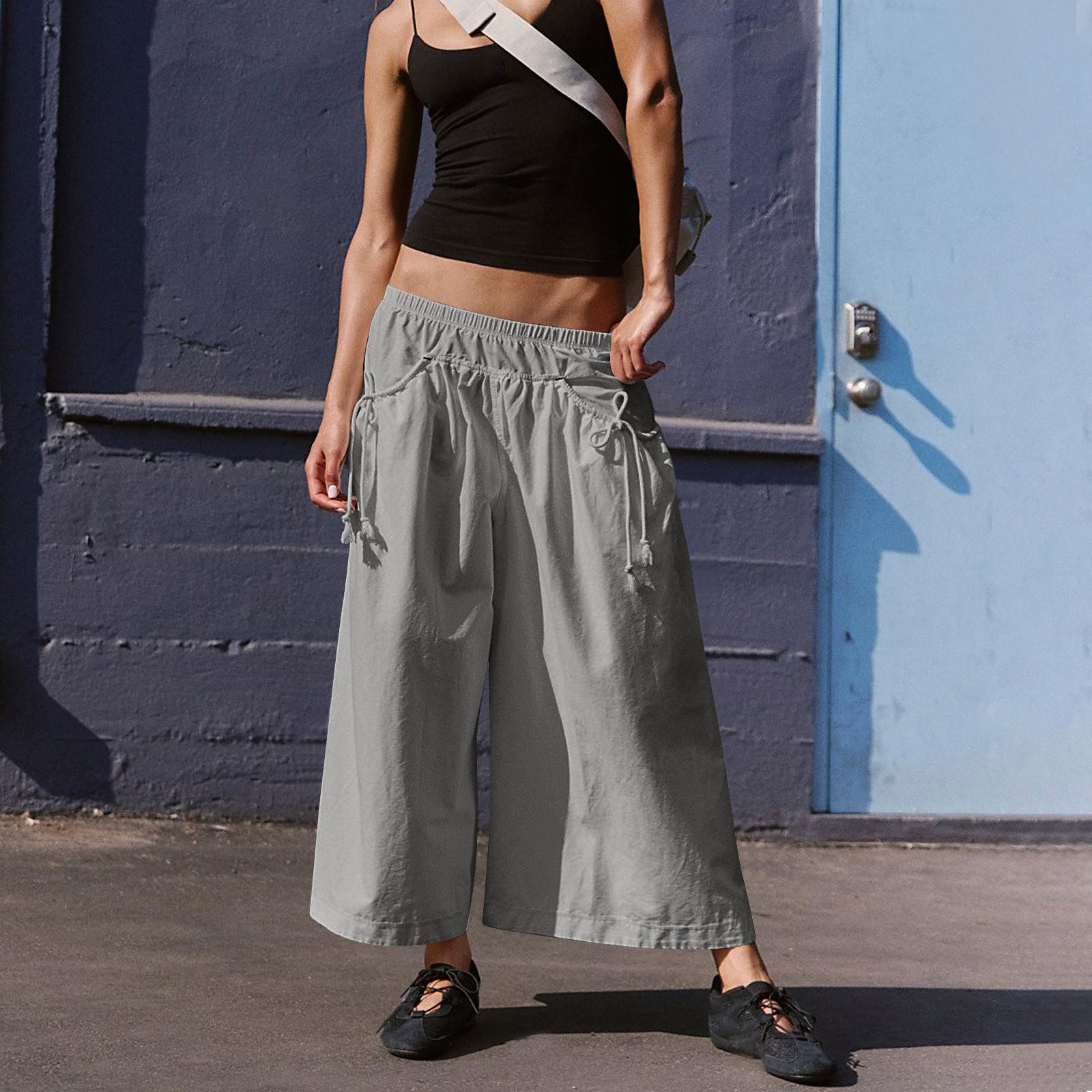 

Женские свободные широкие треккинговые брюки шаг за шагом летние широкие повседневные брюки с большими присборенными карманами M