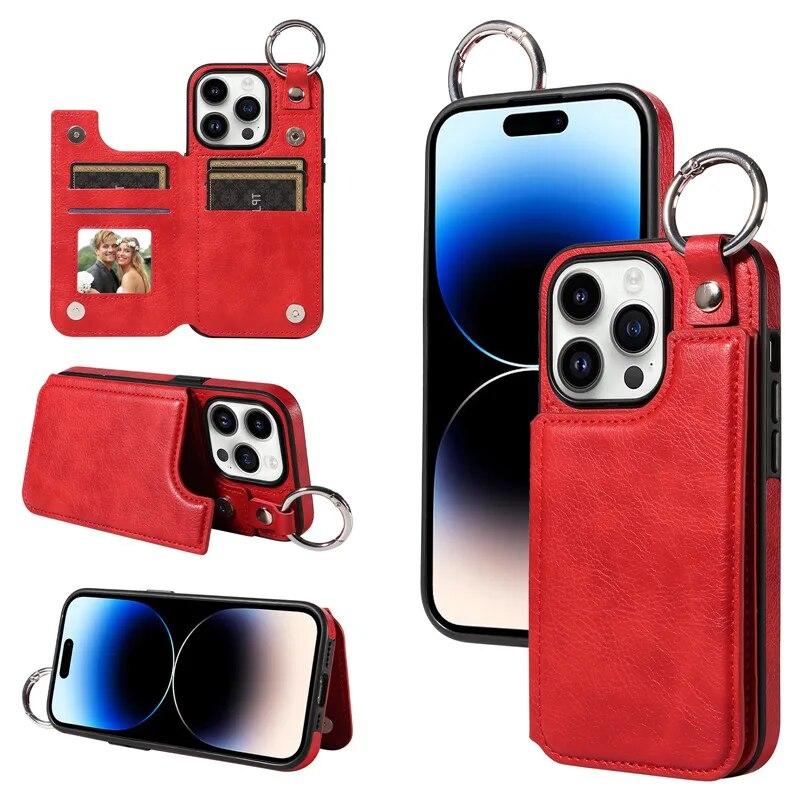 Ring Leder Portemonnaie Karte Handytasche für iPhone 15 Pro Max 14 Plus 13 Pro 12 11 für Samsung Galaxy S24 Ultra S23 S22 S21 FE A15 A54 A34 A14 Flip Cover