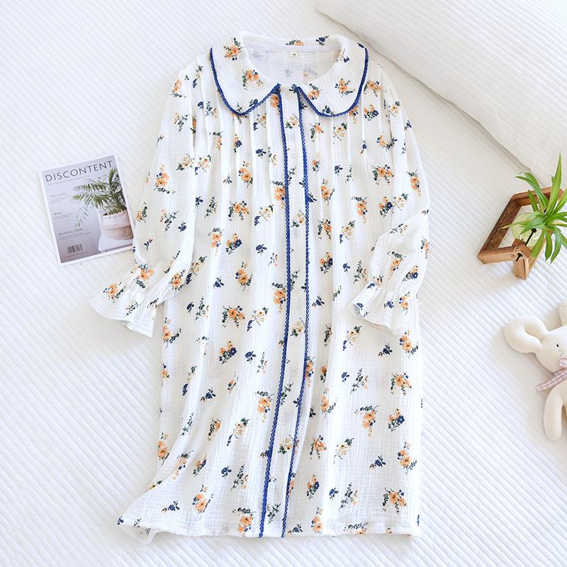 Spring and Summer New Style Women's Nightdress Japanese Cute Little Floral Long Sleeve Skirt Baby Neck Home Dress Nightdress
