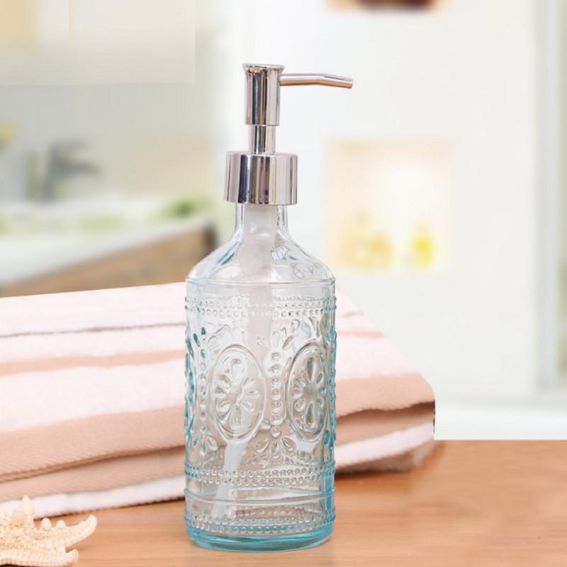 Stylish Blue And Gray Glass Soap Dispenser 420ml Square Bottle For Lotion And Liquid Soap