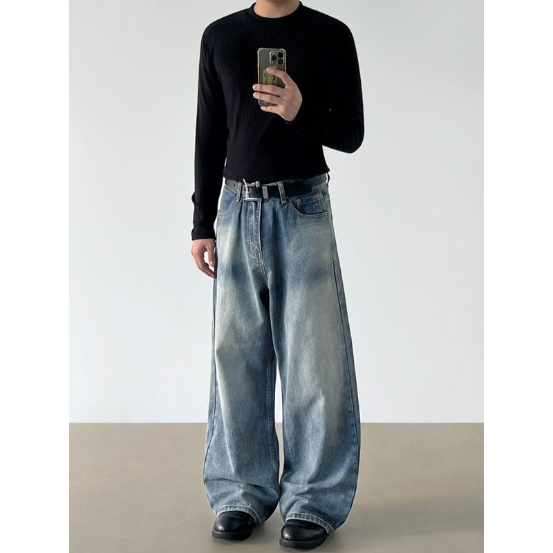 Blaexit American-Style Cleanfit Washed Light Blue A-Line Wide-Leg Jeans for Men, Straight-Leg Slightly Flared Vibe Pants