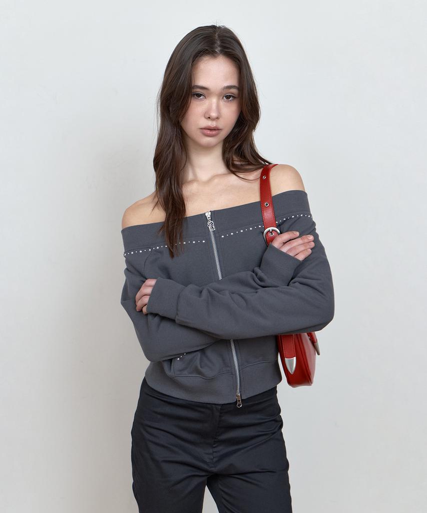 Kyuliti C Studded Off-Shoulder 2-Way Zip-Up_Charcoal