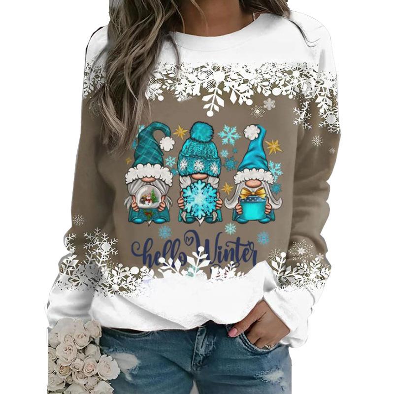 New Christmas 3D snowman print women's loose round neck long sleeved T-shirt
