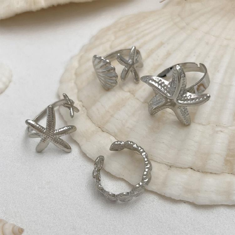 Pack of 4 Summer Gold & Silver Alloy Rings Adjustable Starfish Design Women's Beach Jewelry Set Coastal Fashion Accessories