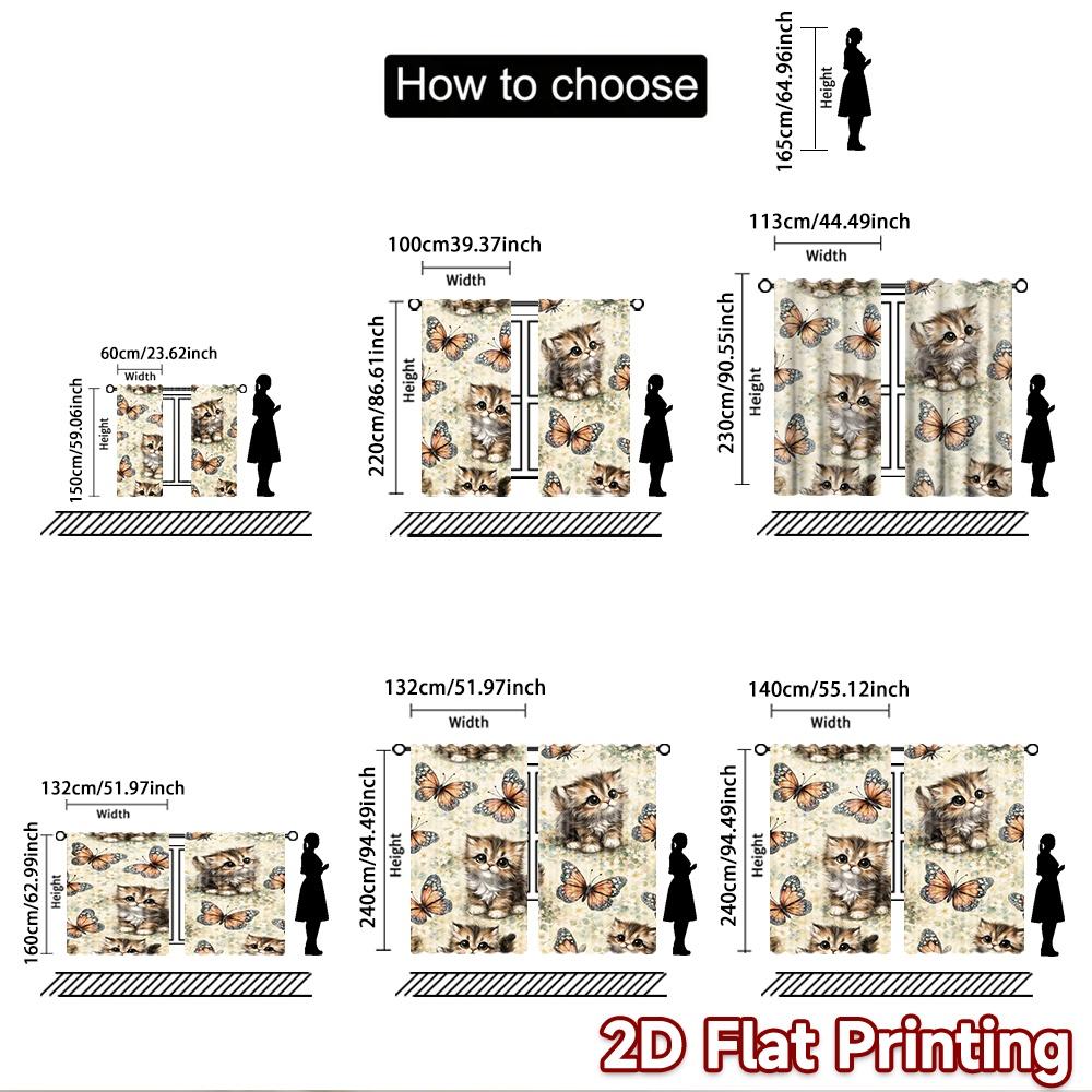 2D flat printing 2pcs Curtain Window Treatment Curtains Kitten and Butterflies Digital Printed Polyester Drapes Festive Curtains